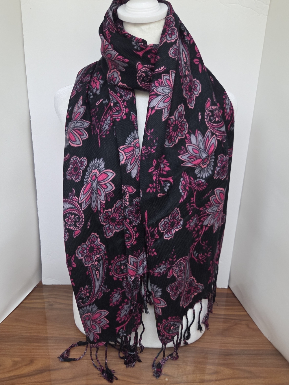 Ashley Cooper Black Scarf with Pink and Gray Floral Paisley 21x66"
